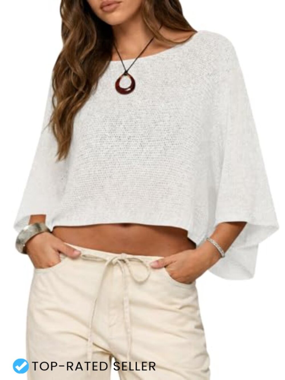 Crochet Batwing Sleeve Sweater Crop Top Sheer Knit Poncho Beach Cover Up